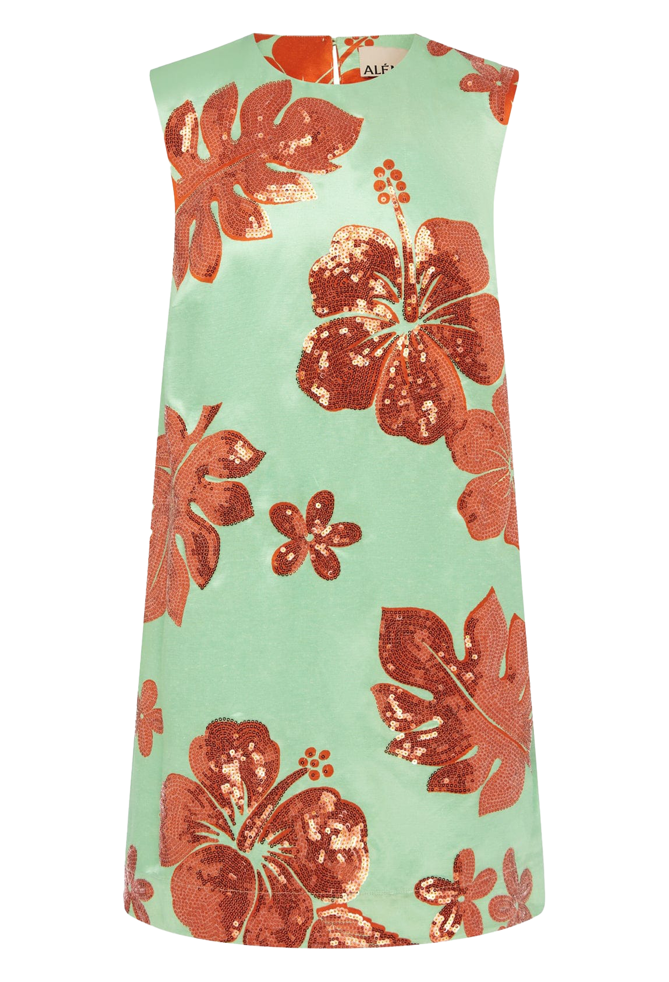 A green mini dress with orange sequined leaves and flowers all over. Transparent background.