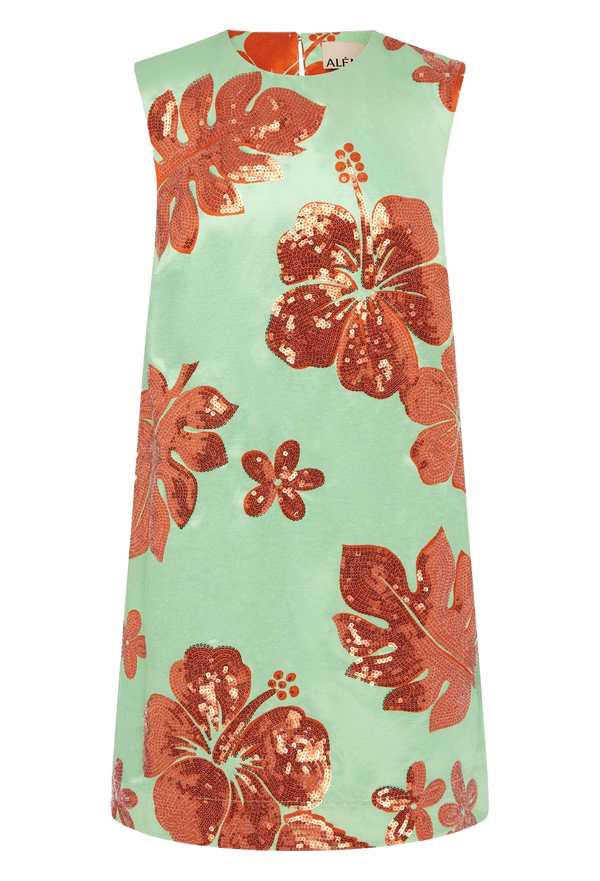 A green mini dress with orange sequined leaves and flowers all over. Transparent background.