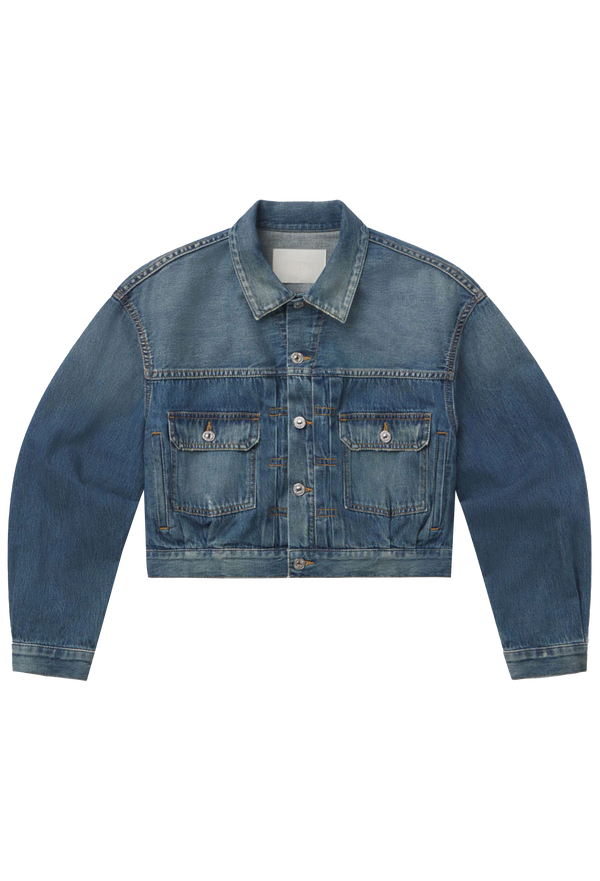 A denim jacket with silver buttons and two flap pockets. Transparent background.
