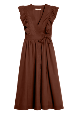 A brown midi wrap dress with a tie waist and v-neck with short ruffled sleeves. Transparent background.