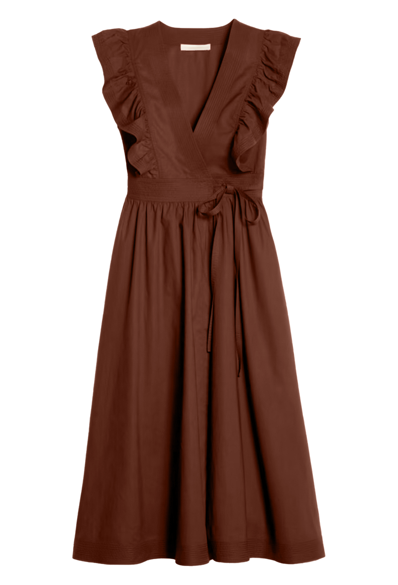 A brown midi wrap dress with a tie waist and v-neck with short ruffled sleeves. Transparent background.
