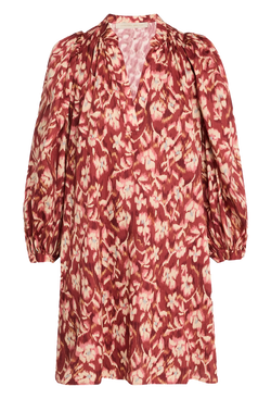 A red v-neck short dress with long puff sleeves. Transparent background.