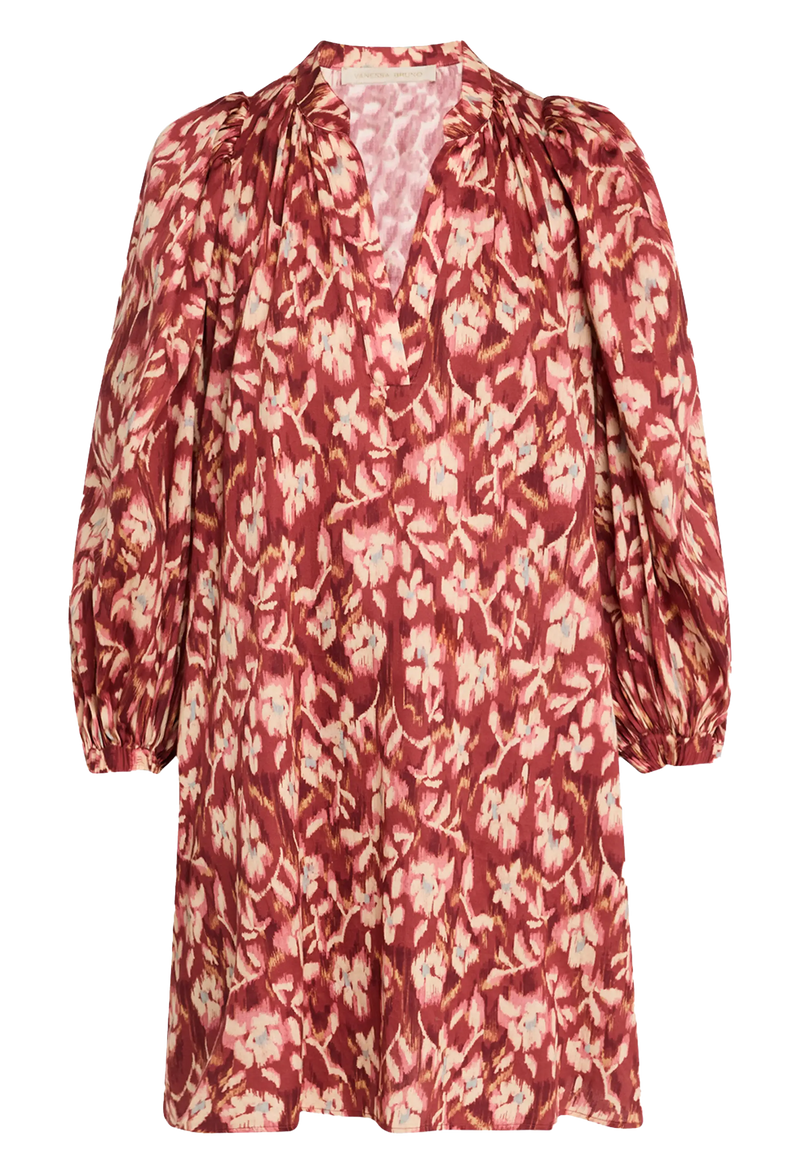 A red v-neck short dress with long puff sleeves. Transparent background.