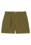 military green short with two patch pockets. transparent background