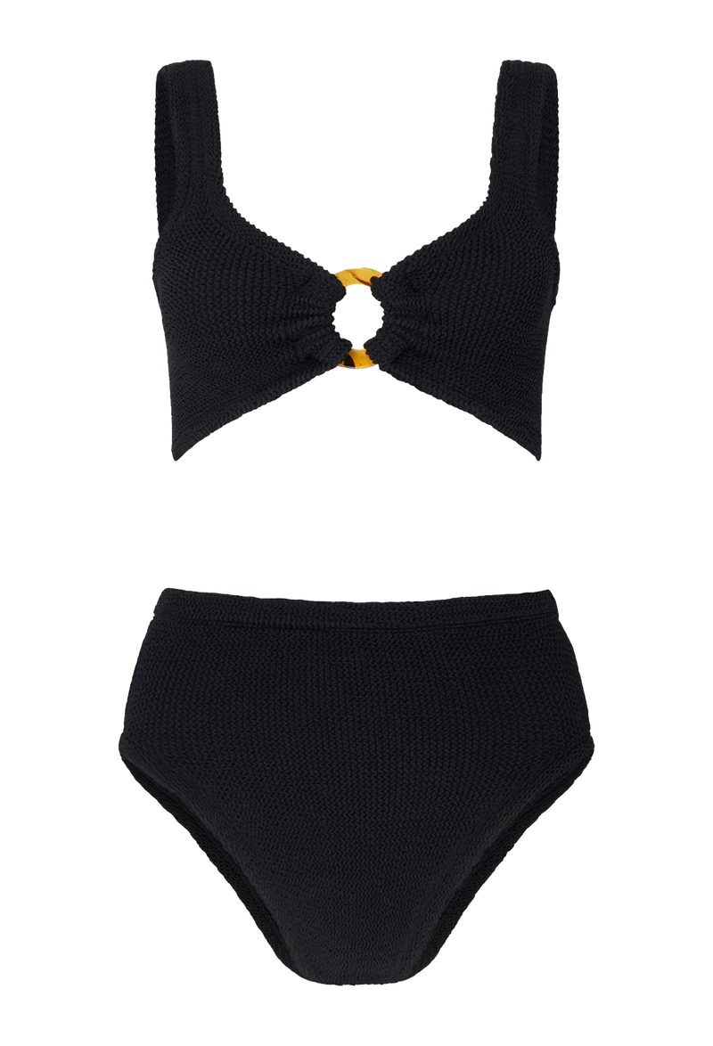 A black two-piece swimsuit with a tortoiseshell hoop gathering the top and high waisted bottoms. Transparent background.