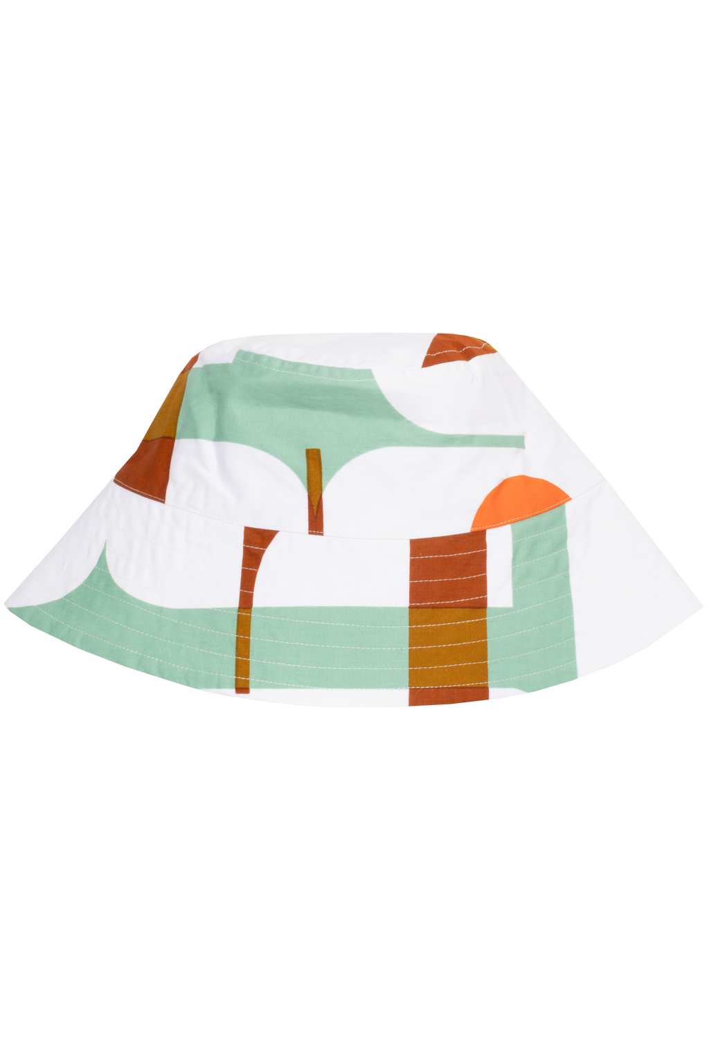 A brown, teal, and white bucket hat. White background.