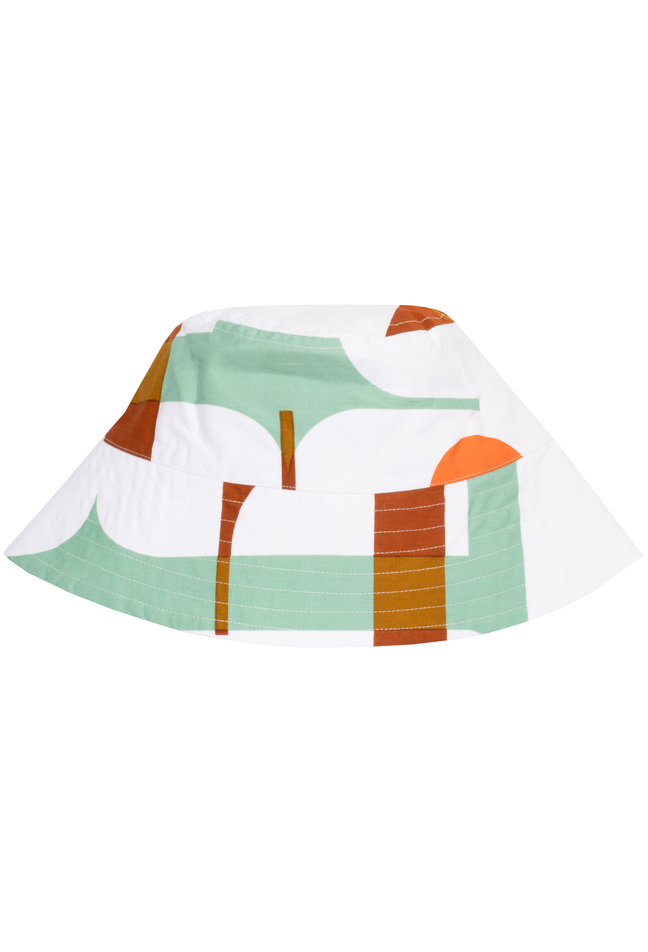 A brown, teal, and white bucket hat. White background.