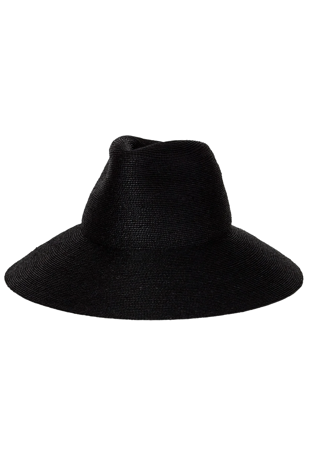 A black straw hat with a downward tilted brim. Transparent background.