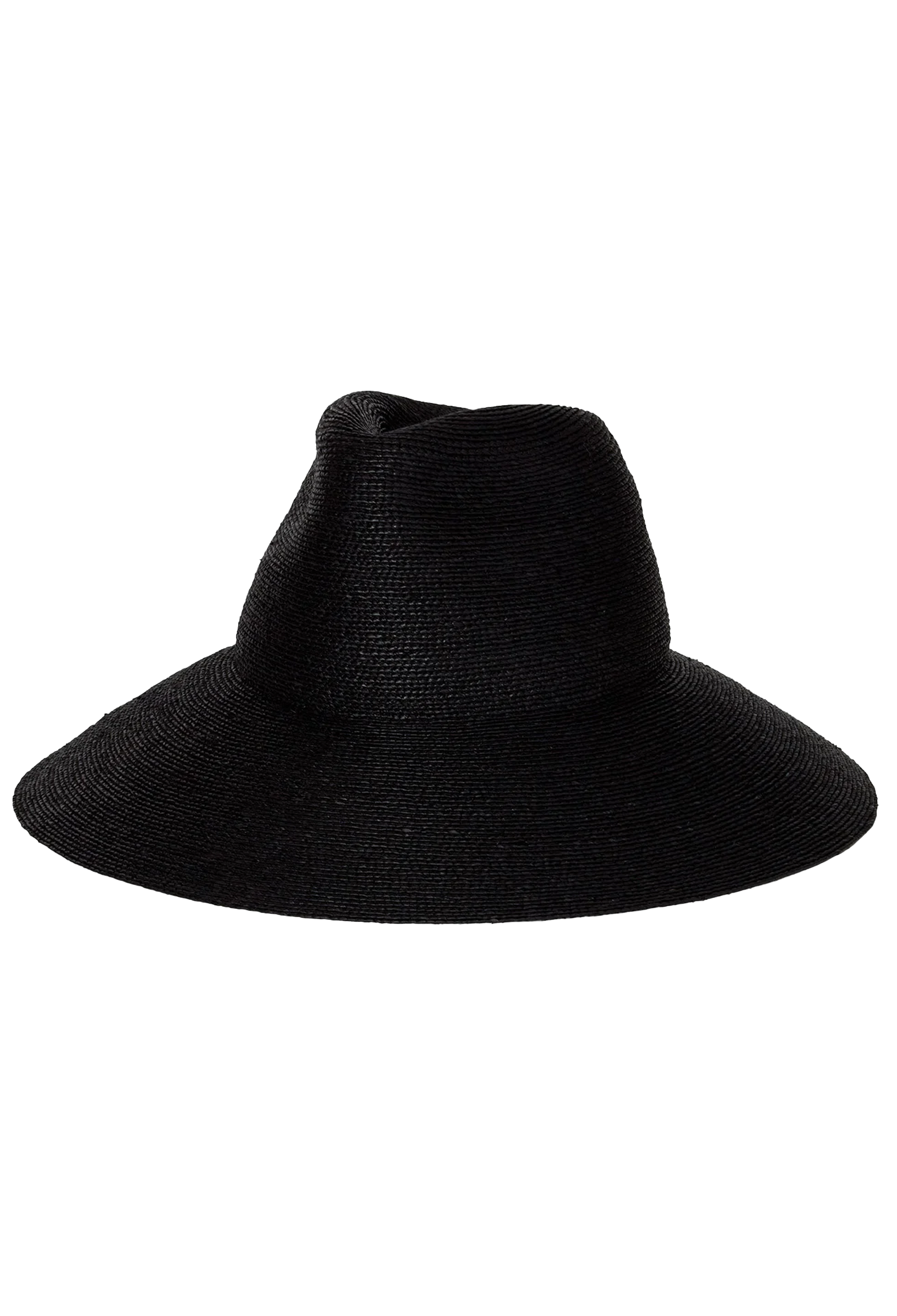 A black straw hat with a downward tilted brim. Transparent background.