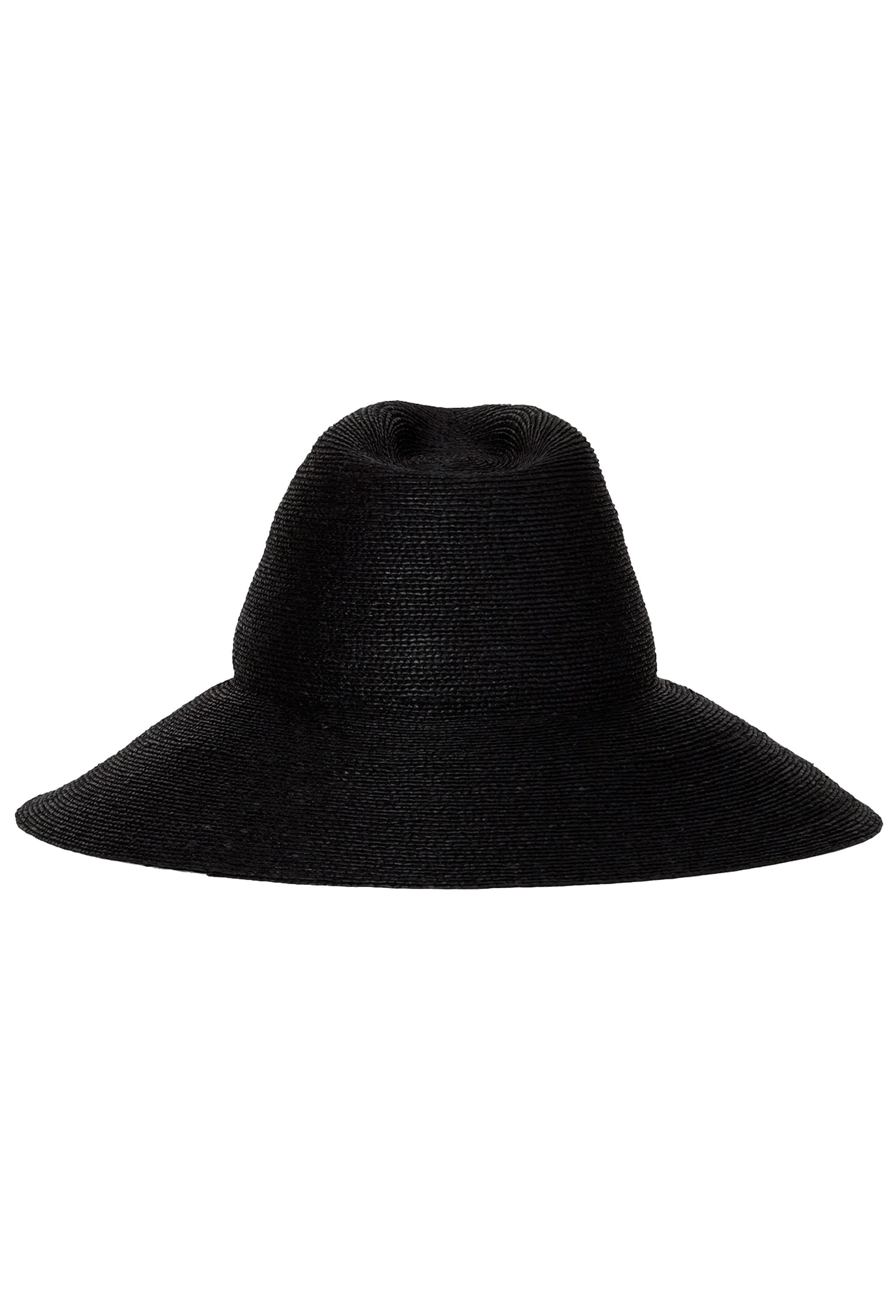 A black straw hat with a downward tilted brim. Transparent background.