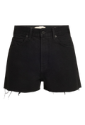 A pair of black denim shorts with frayed edges. Transparent background.