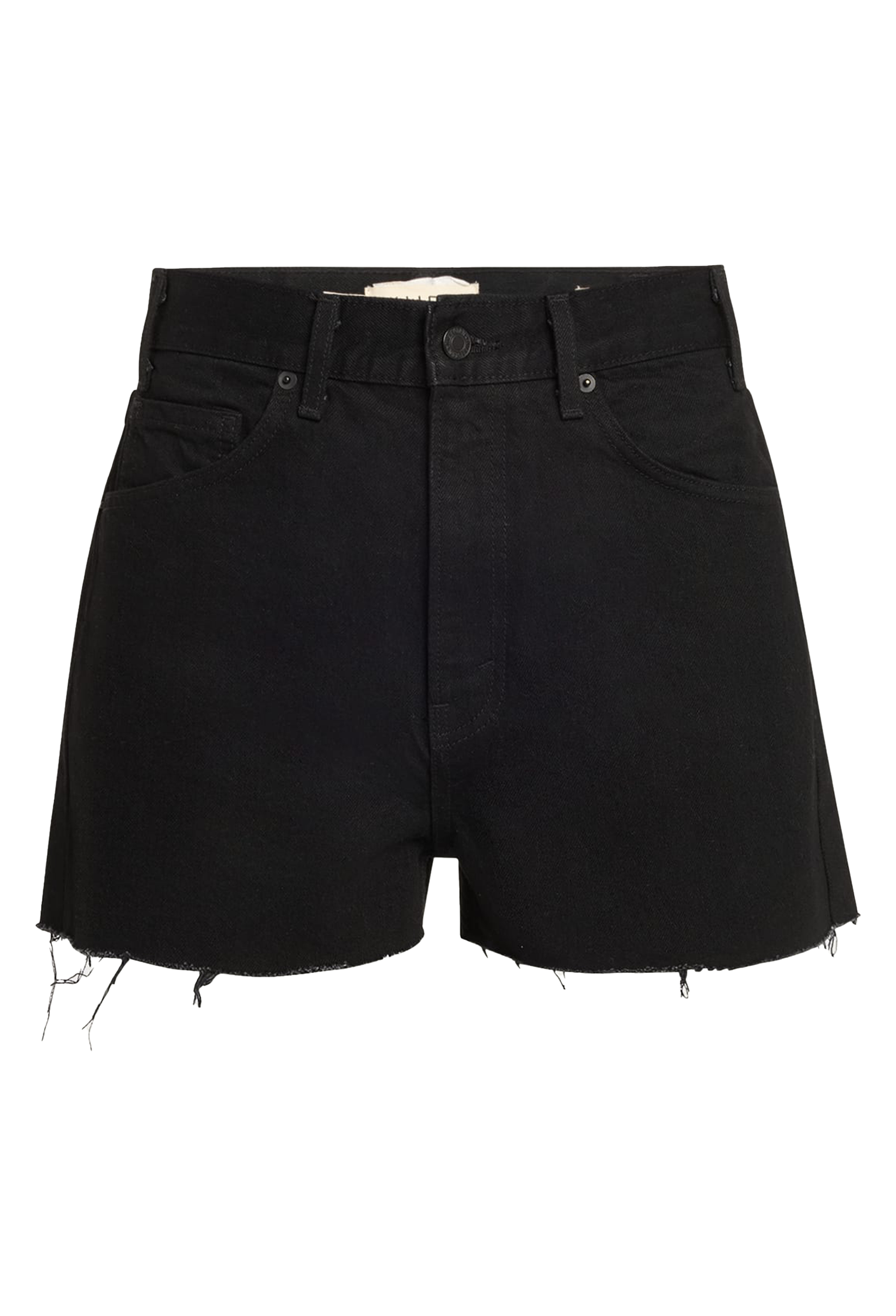 A pair of black denim shorts with frayed edges. Transparent background.