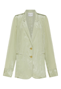 A shimmery light green blazer with two yellow buttons. Transparent background.
