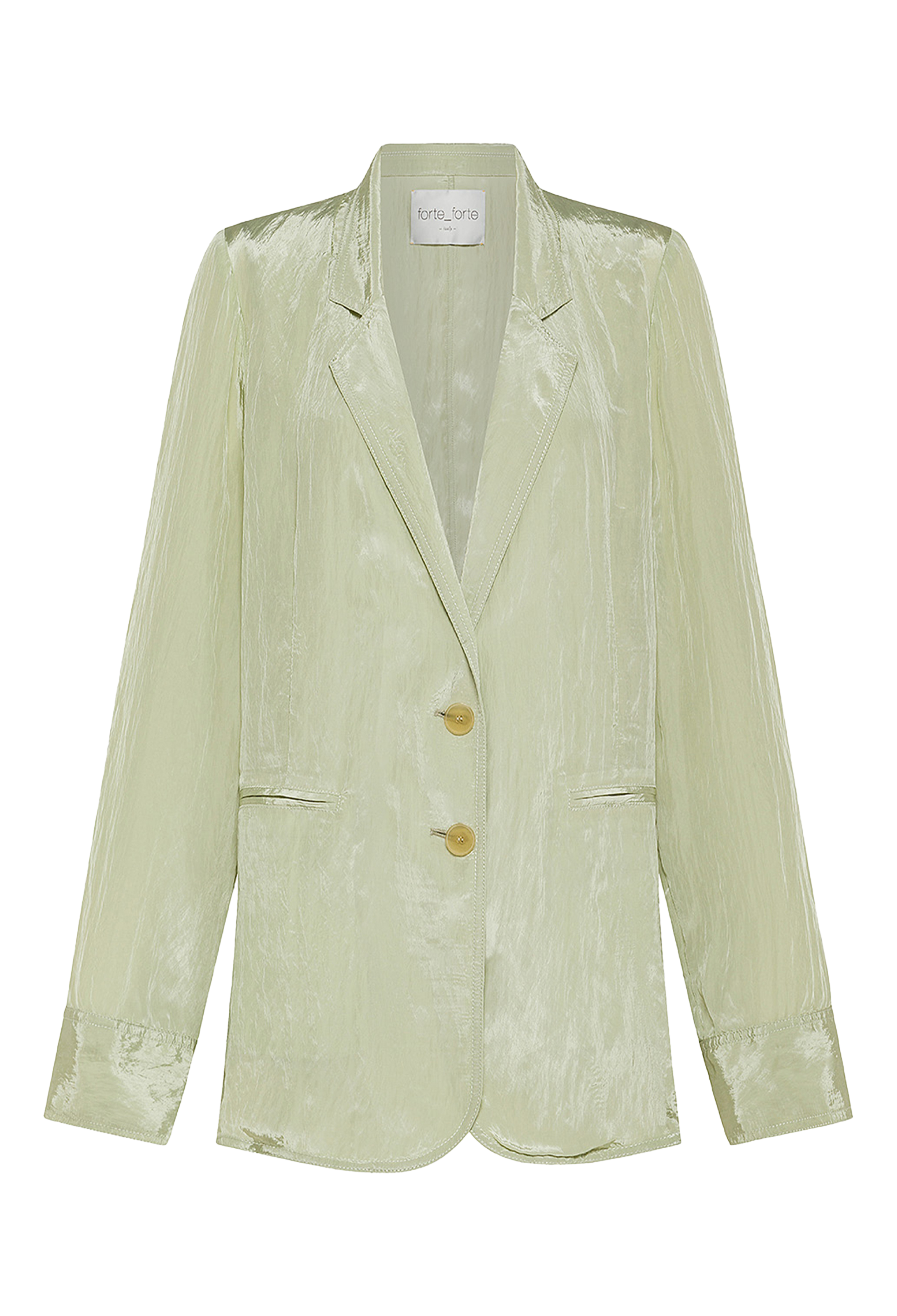 A shimmery light green blazer with two yellow buttons. Transparent background.