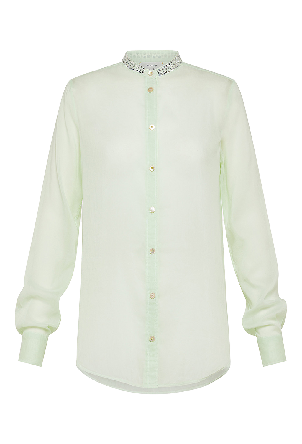 A green long sleeve button down sheer shirt with a bejeweled collar. Transparent background.
