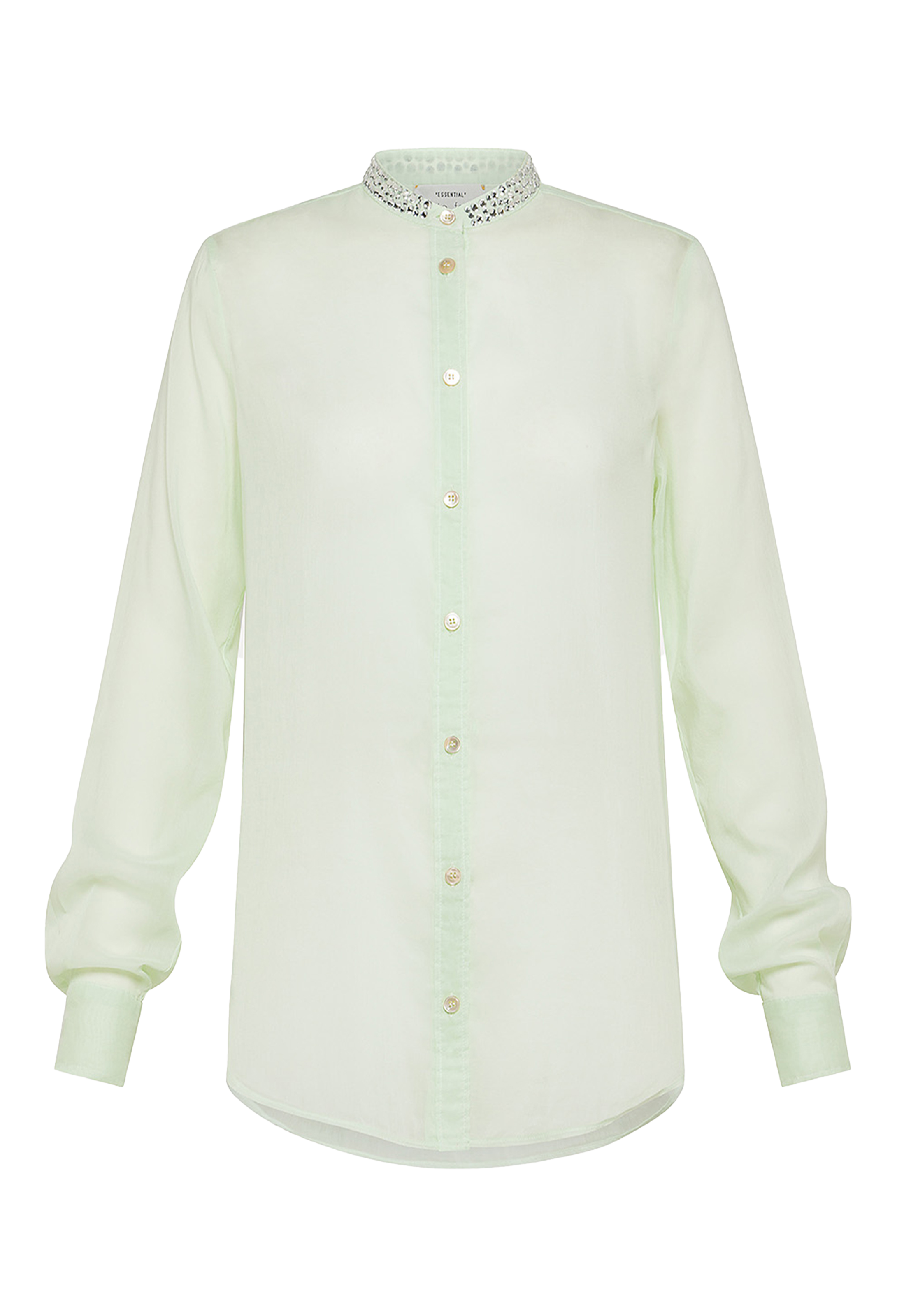 A green long sleeve button down sheer shirt with a bejeweled collar. Transparent background.