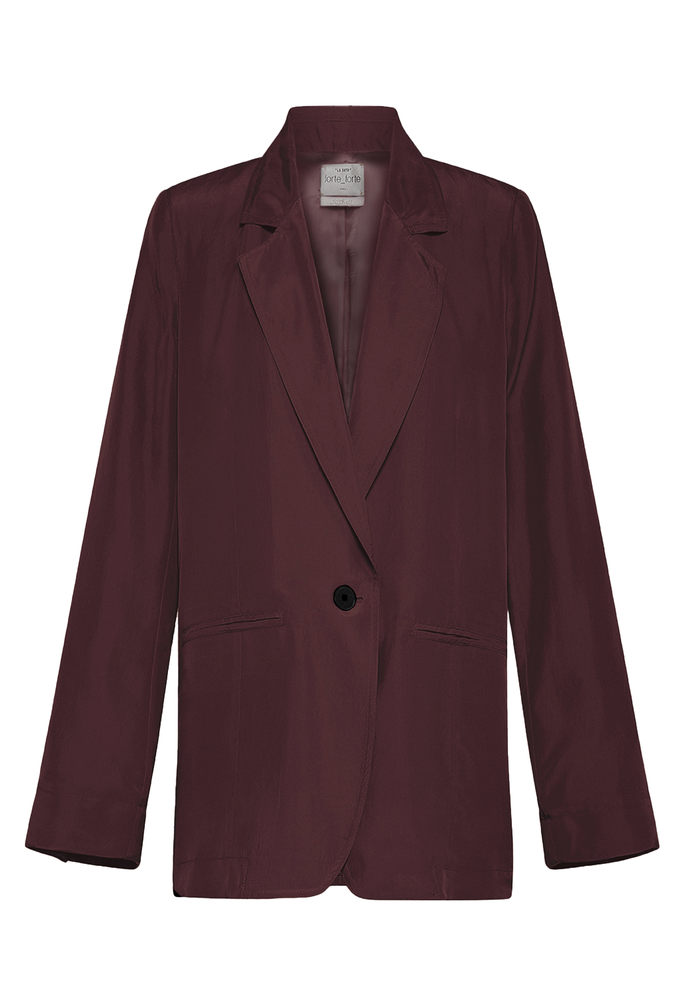 A maroon blazer with a black button. Transparent background.