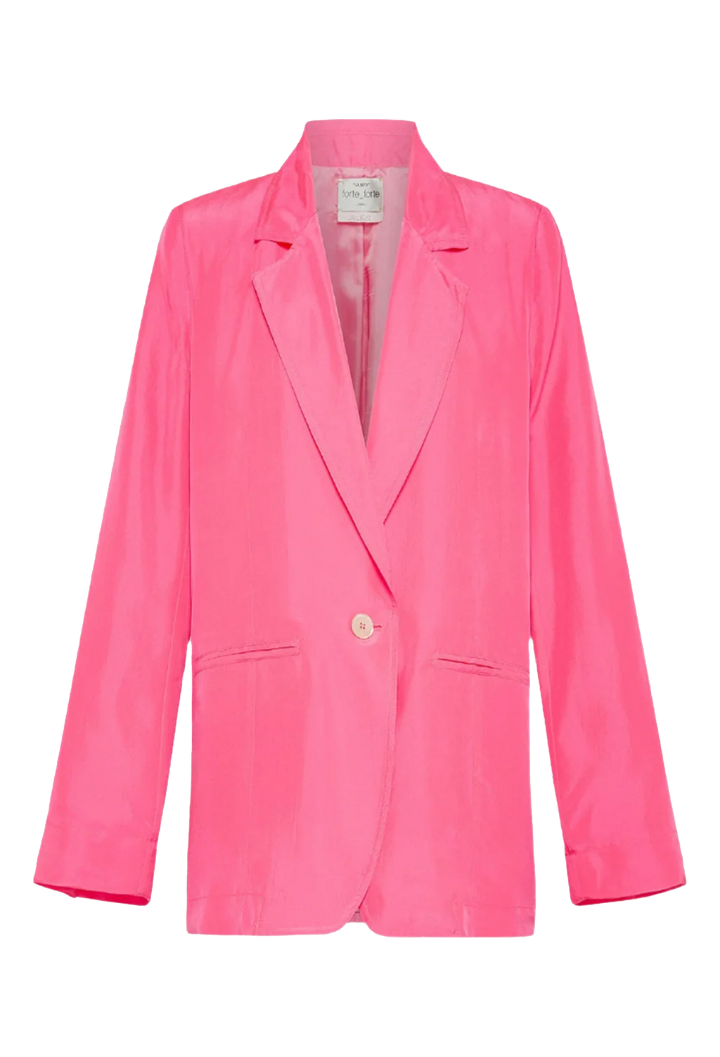 A bright pink blazer with a white button. Transparent background.