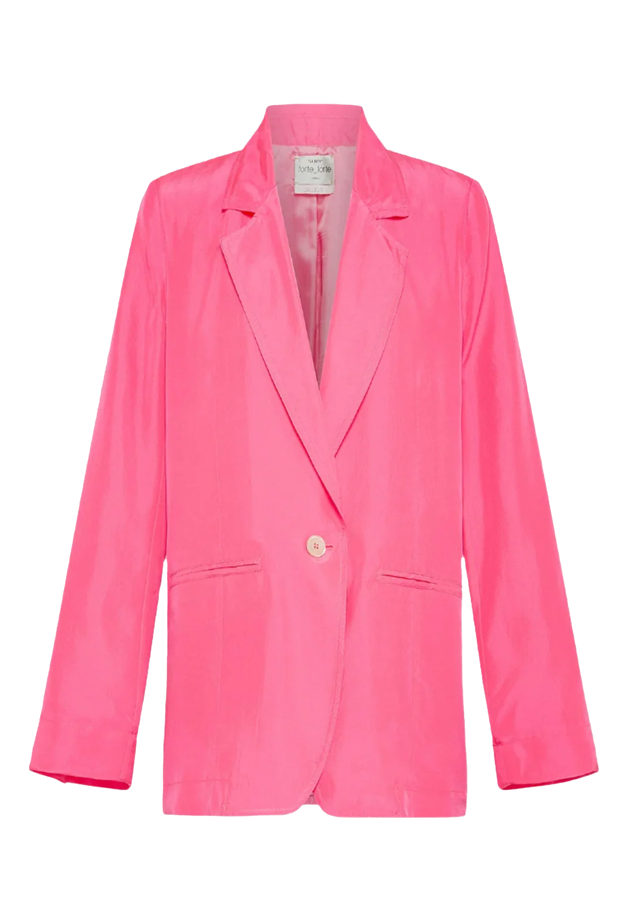 A bright pink blazer with a white button. Transparent background.