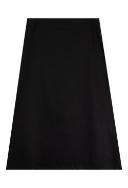 A black A-line midi skirt. Transparent background.
