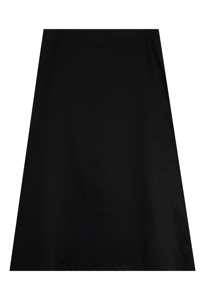 A black A-line midi skirt. Transparent background.