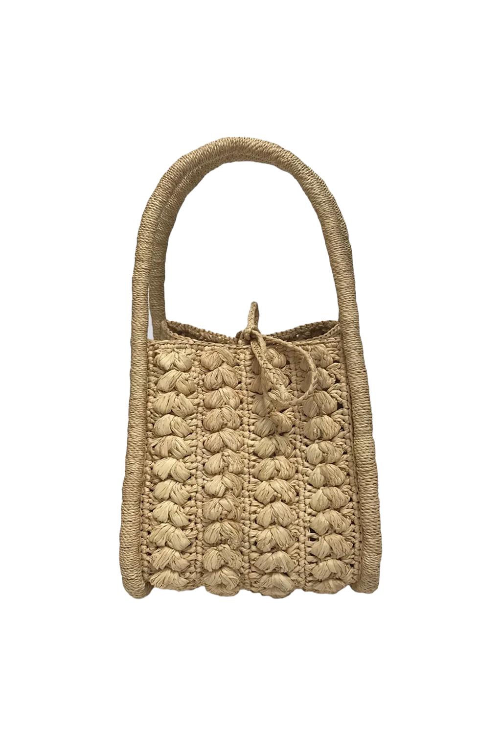 A small tan colored basket handbag with two handles. Transparent background.