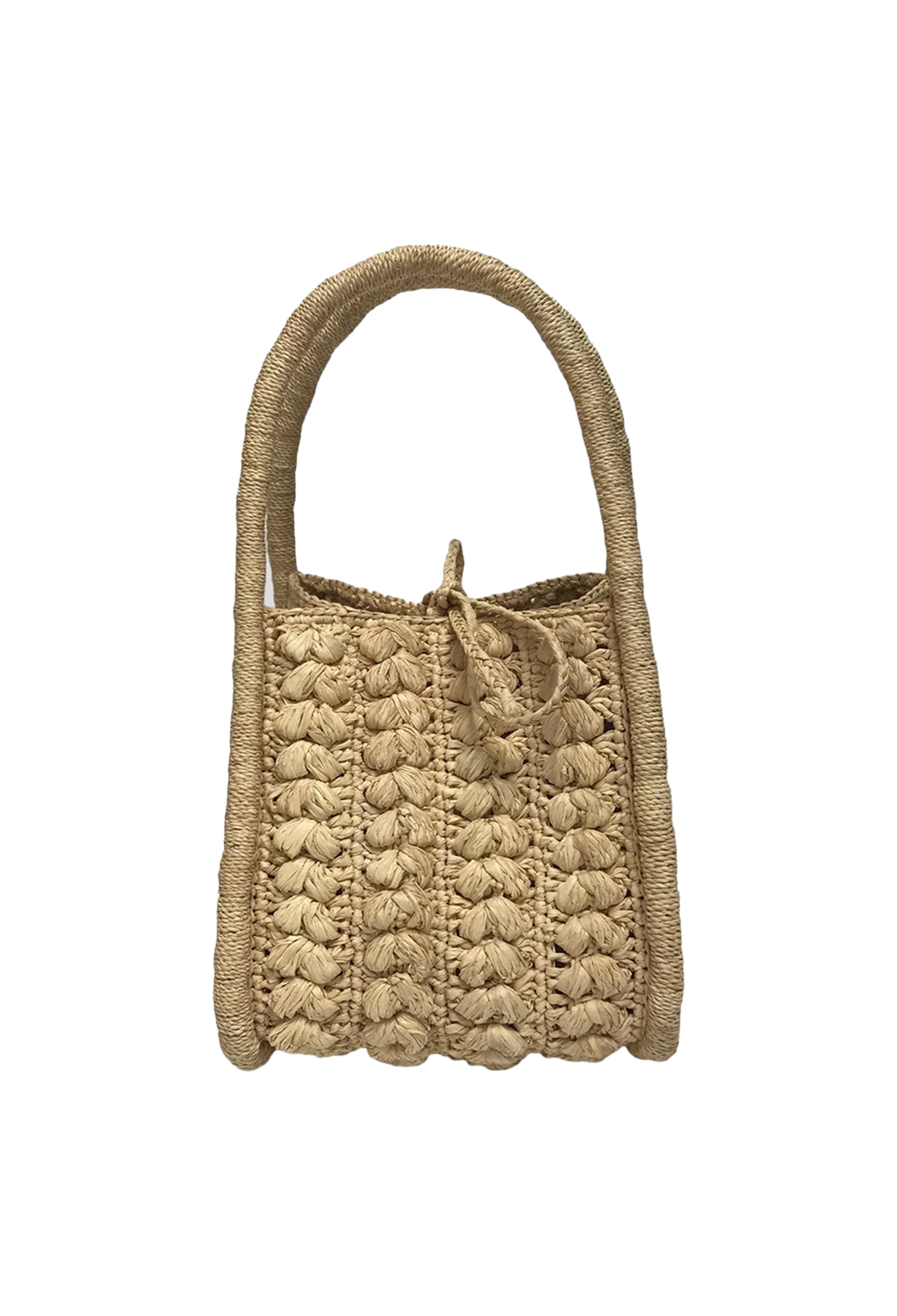 A small tan colored basket handbag with two handles. Transparent background.