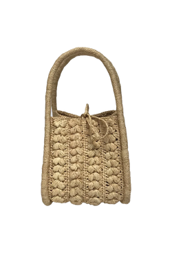 A small tan colored basket handbag with two handles. Transparent background.