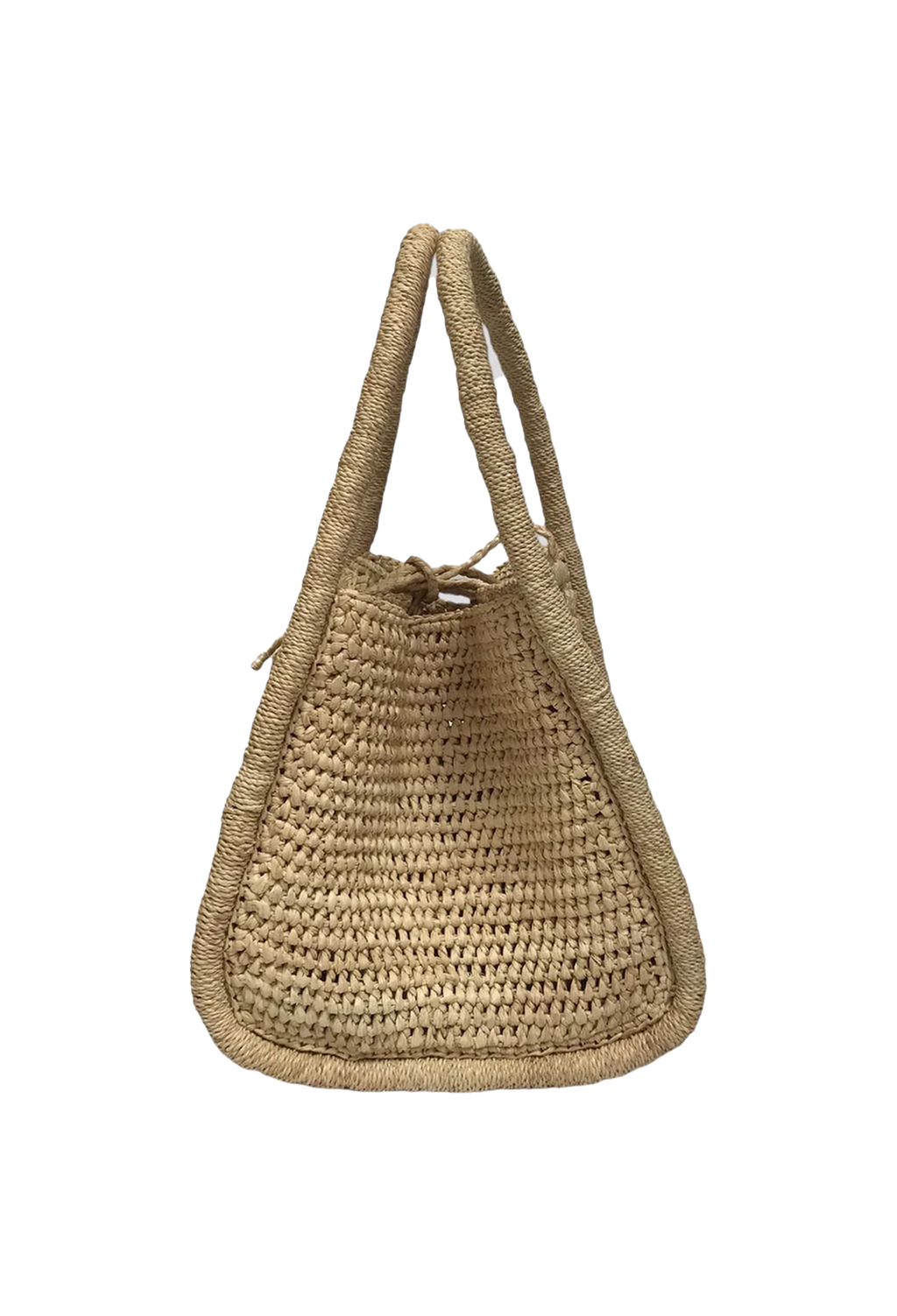 A small tan colored basket handbag with two handles seen from the side. Transparent background.