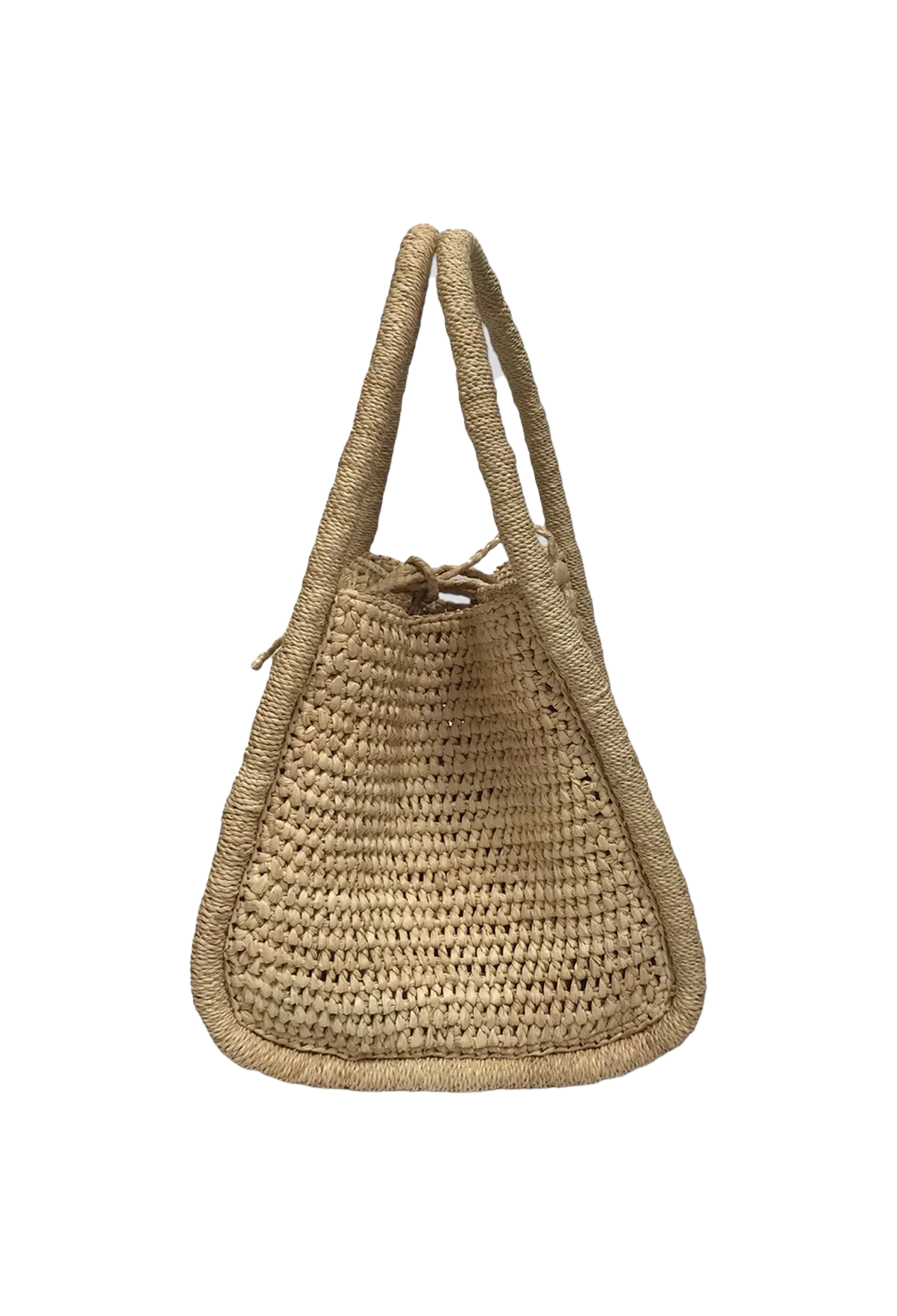 A small tan colored basket handbag with two handles seen from the side. Transparent background.