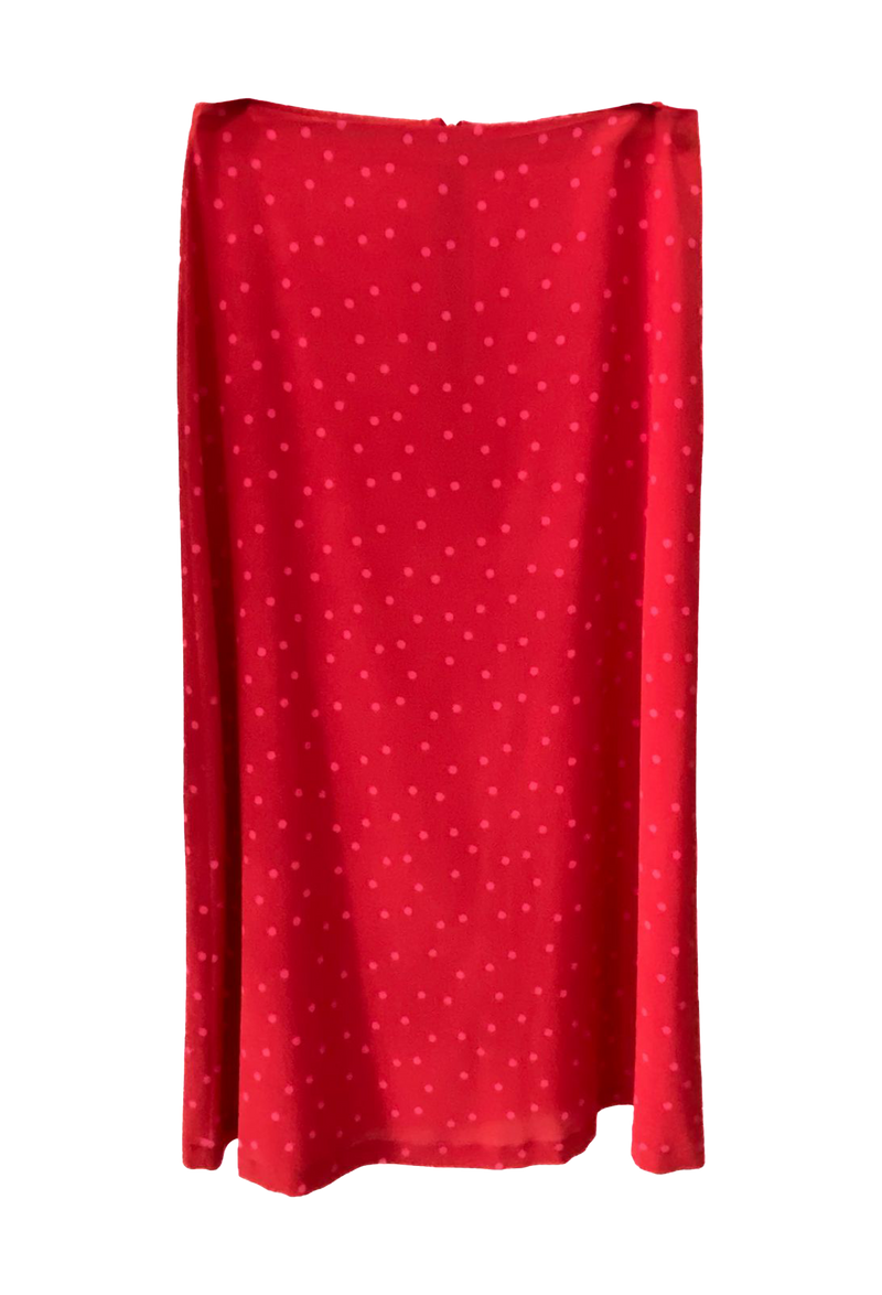 A red midi skirt with pink polka dots. Transparent background.