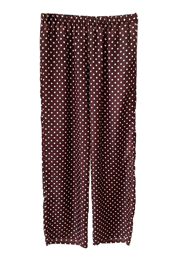 A pair of brown pants with white polka dots. Transparent background.