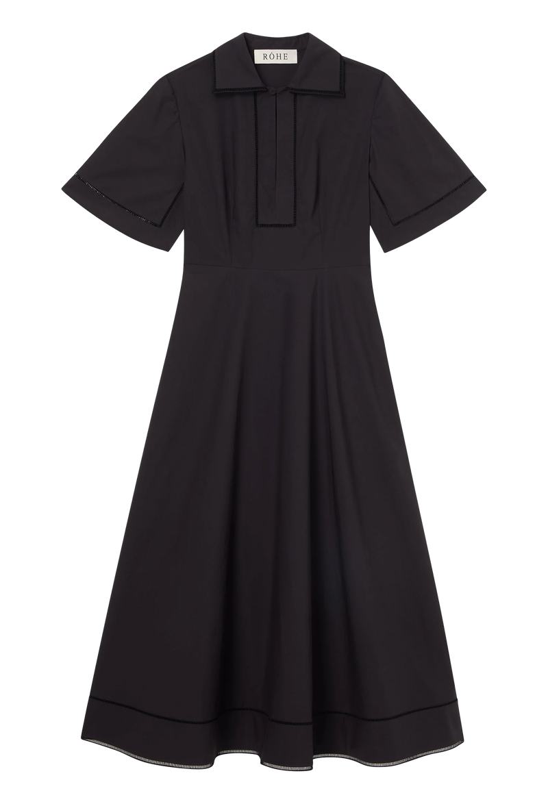 A collared black short sleeve midi dress. Transparent background.