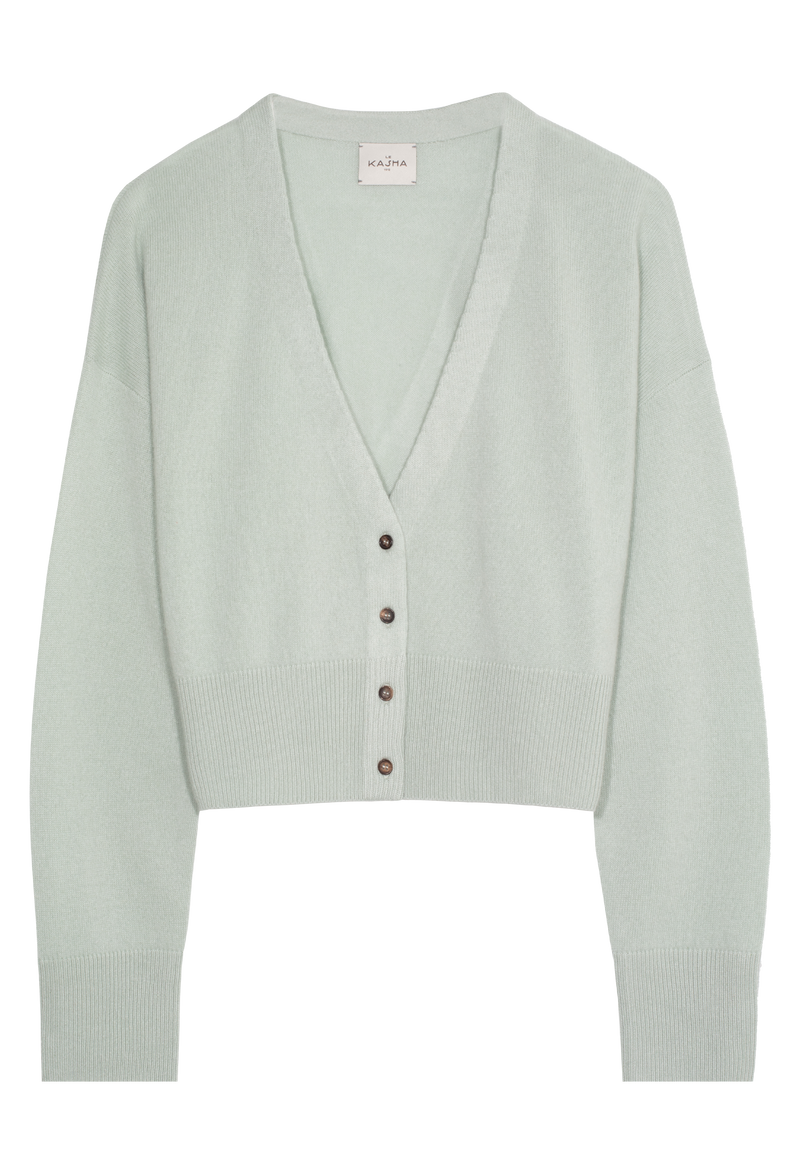 A light blue cardigan with brown buttons. Transparent background.