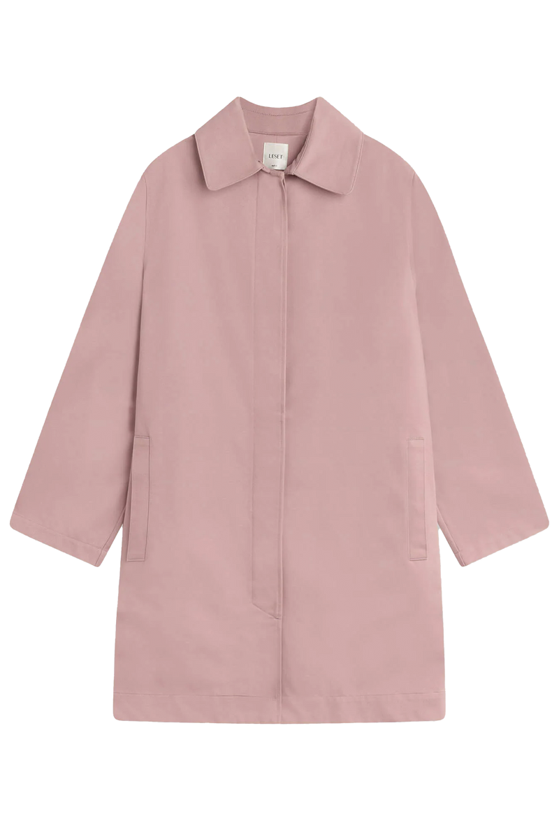A long pink overcoat with pockets. Transparent background.