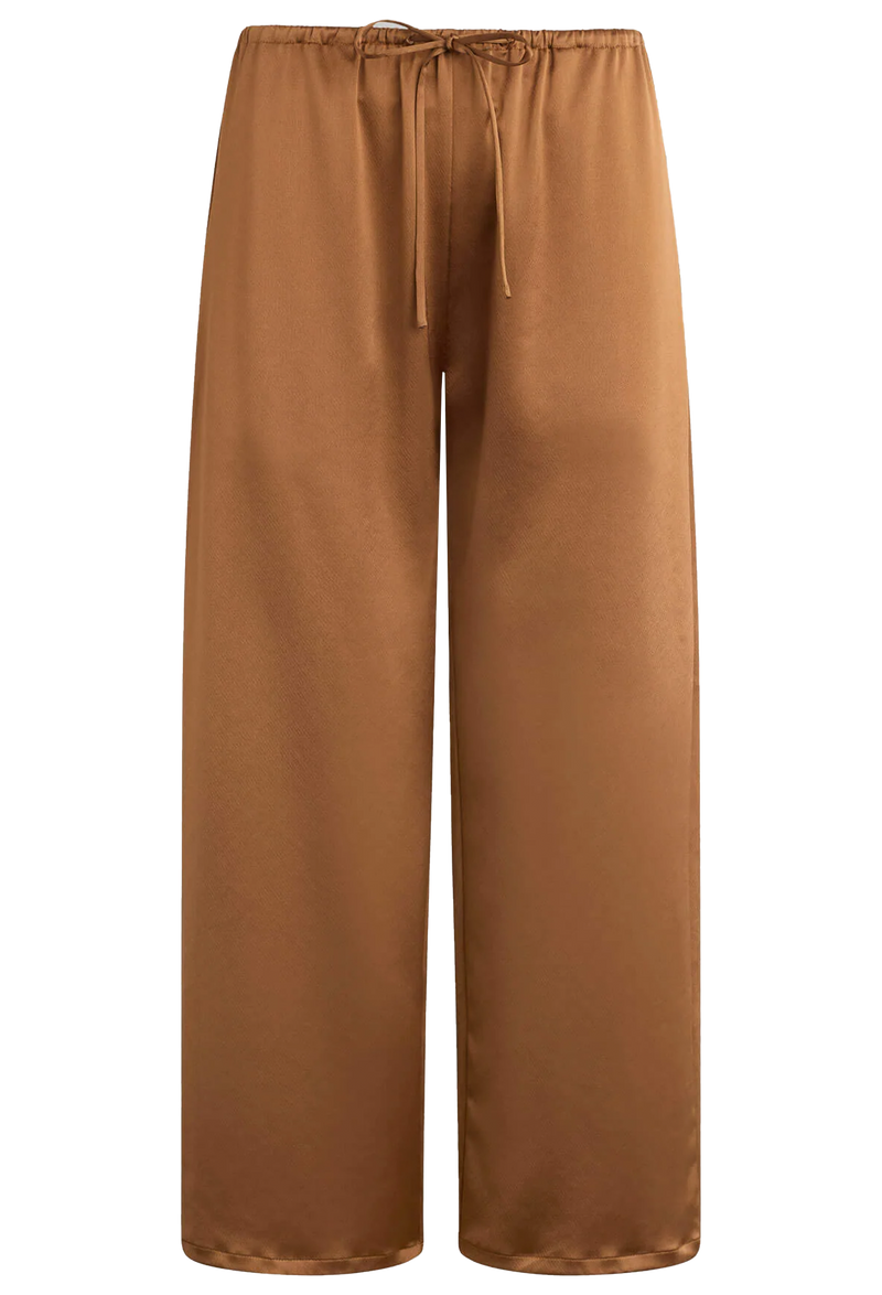 Brown pants with a drawstring waist. Transparent background.