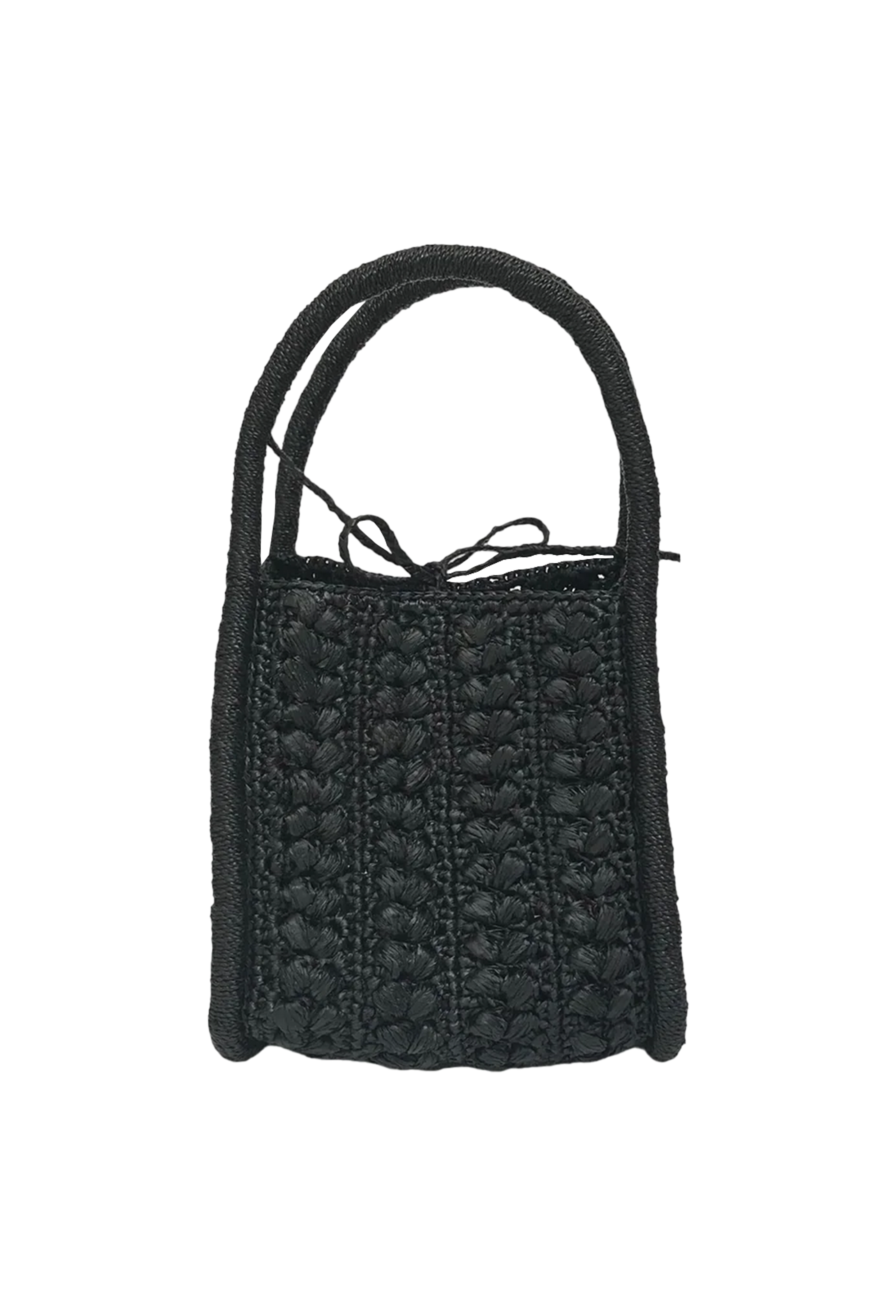 A small black basket handbag with two handles. Transparent background.