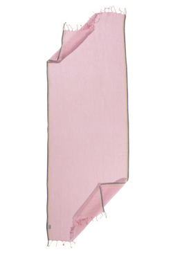 A light pink scarf with stringy ends and purple and yellow borders. Transparent background.