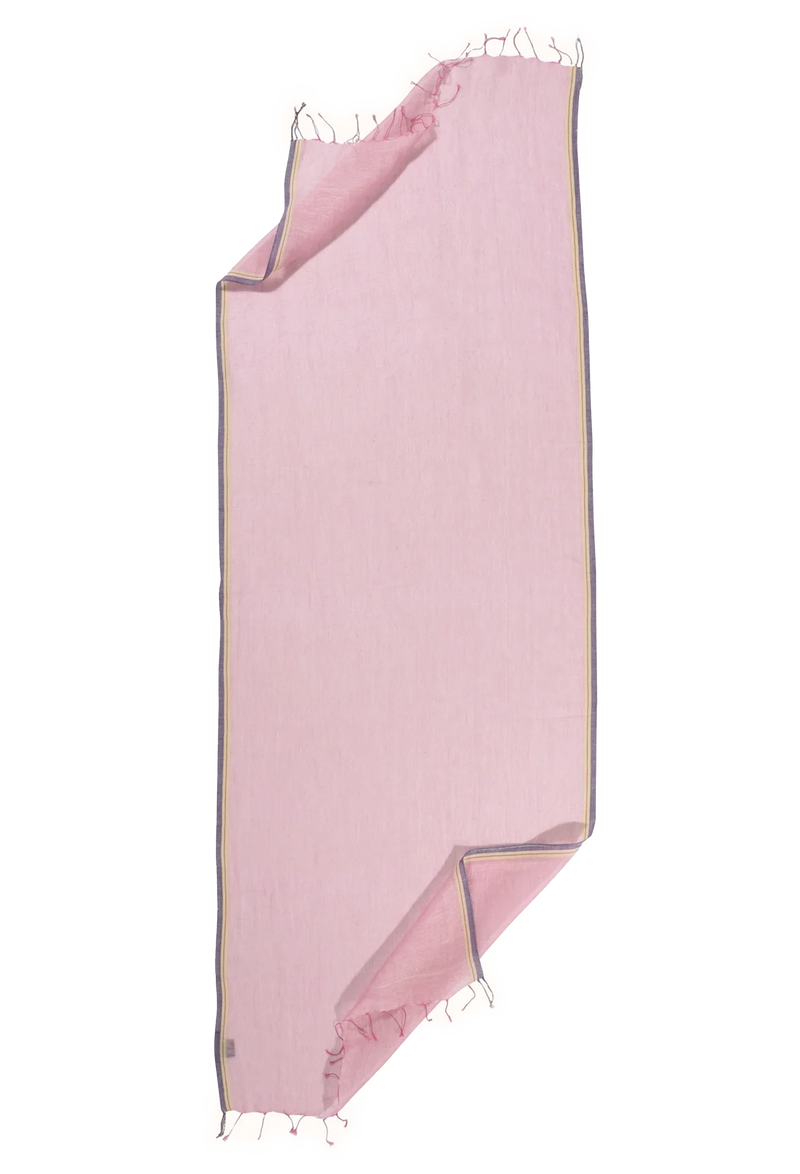 A light pink scarf with stringy ends and purple and yellow borders. Transparent background.