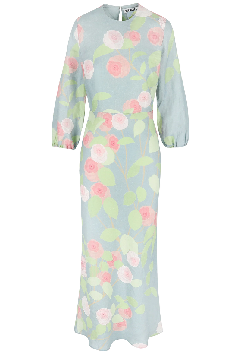 A long blue dress with long sleeves and pink and red roses on it. Transparent background.
