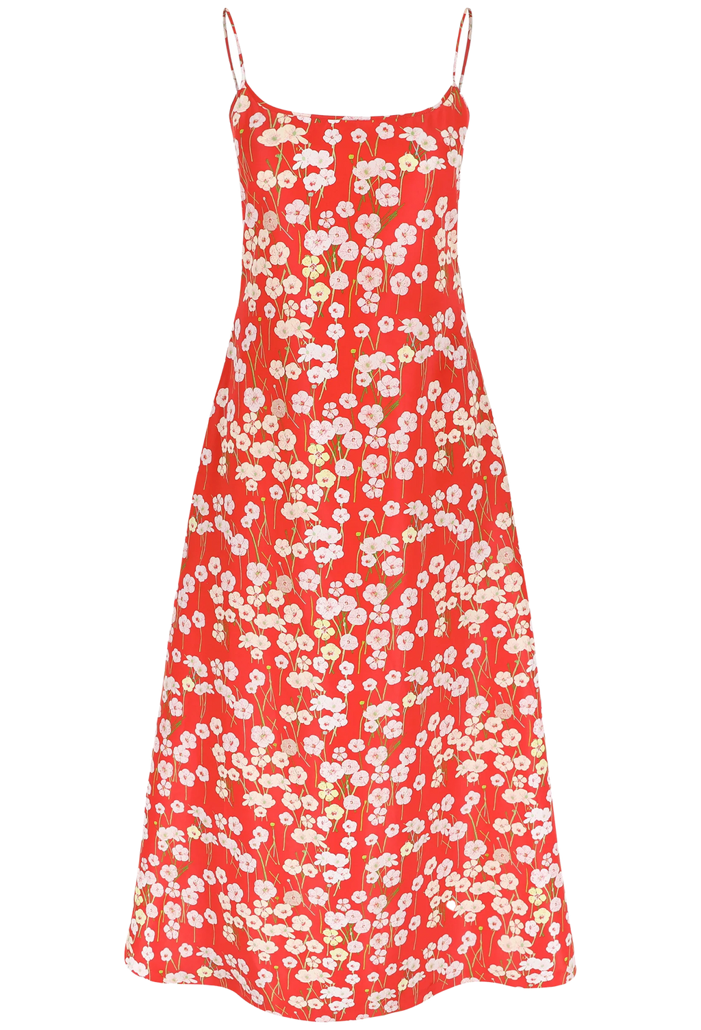 A long red dress with a pastel colored flowers print and spaghetti straps.