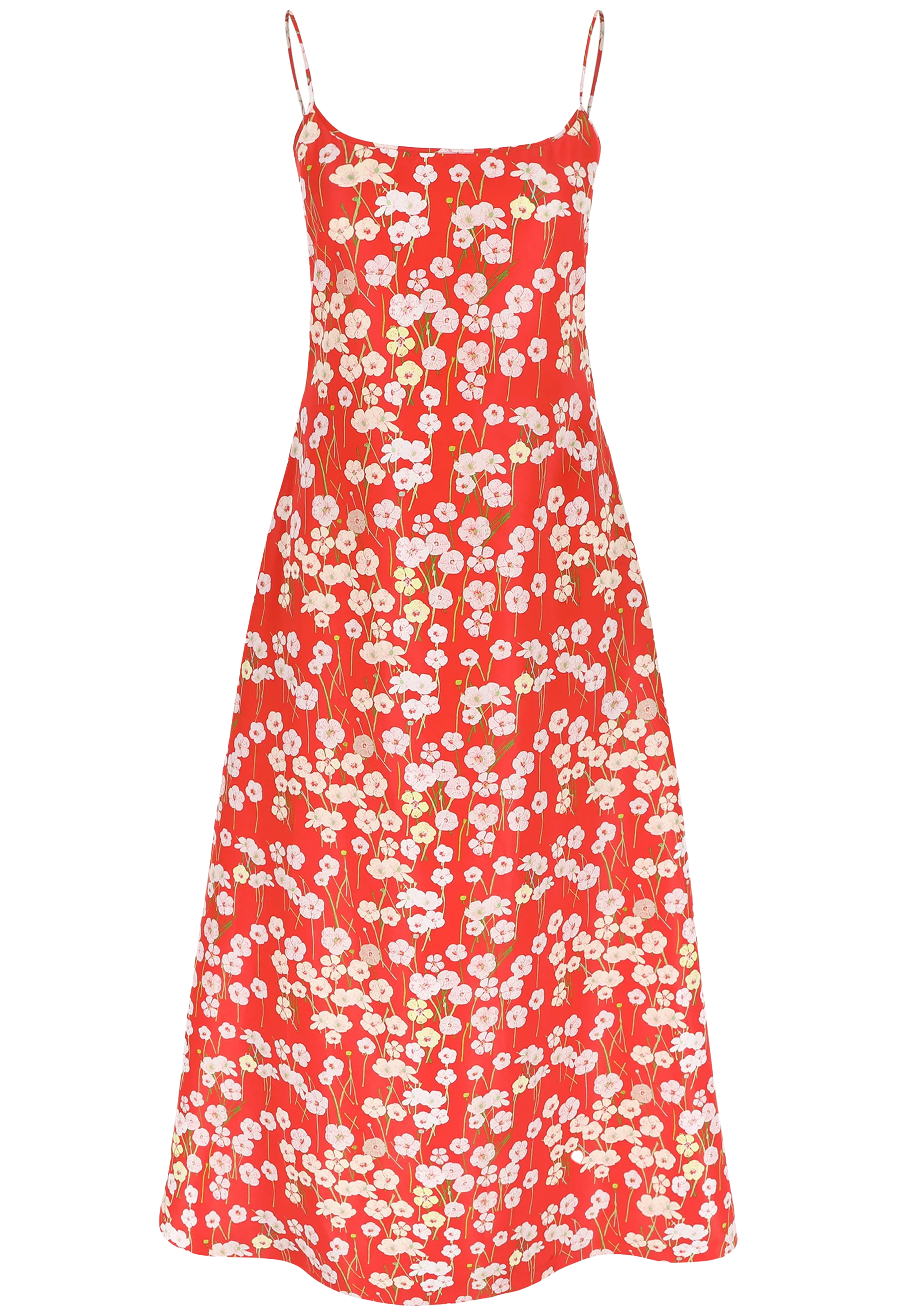 A long red dress with a pastel colored flowers print and spaghetti straps.