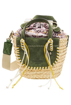 A mini basket bag with green leather flaps, yellow and white cord detailing, and two small leather handles and a crossbody strap. Transparent background.
