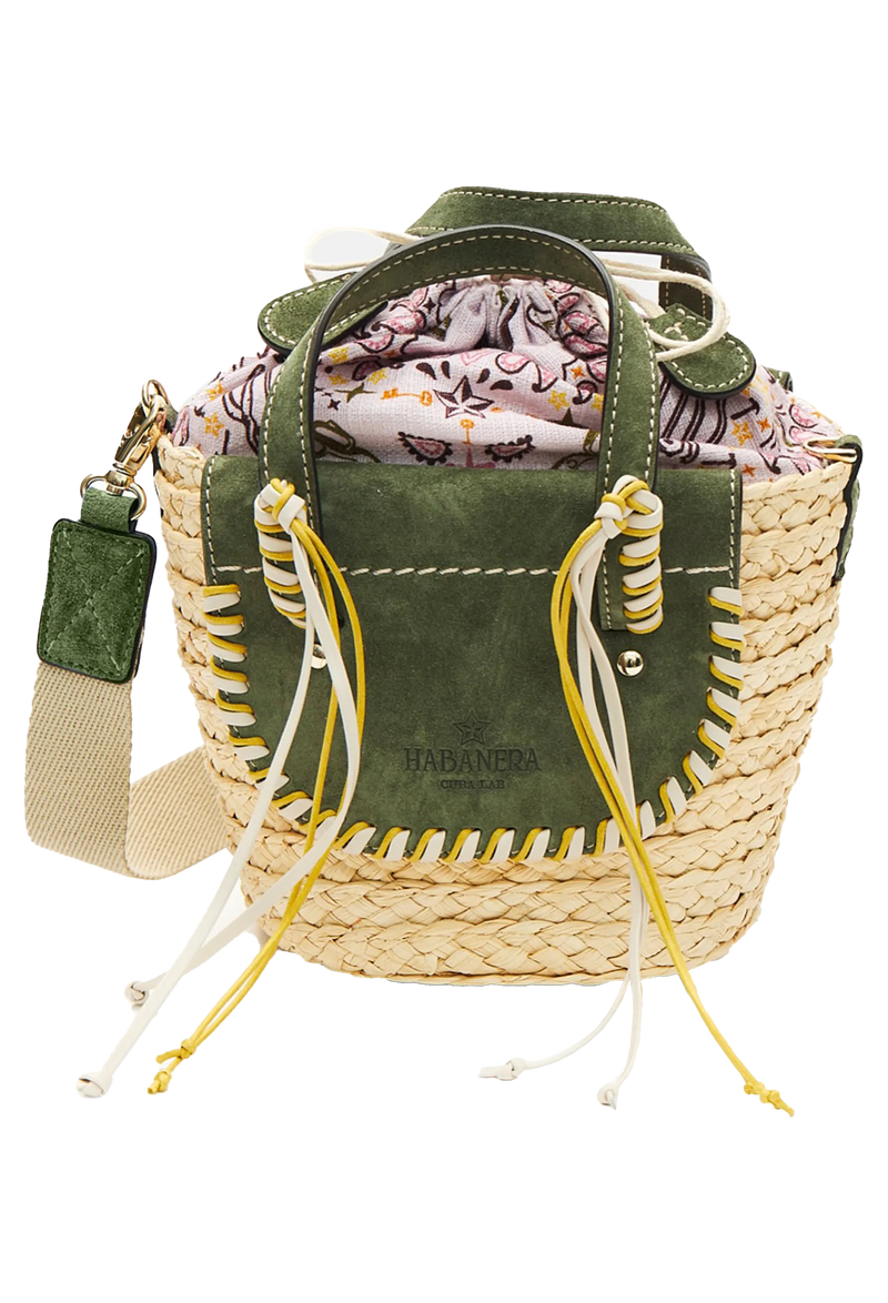 A mini basket bag with green leather flaps, yellow and white cord detailing, and two small leather handles and a crossbody strap. Transparent background.