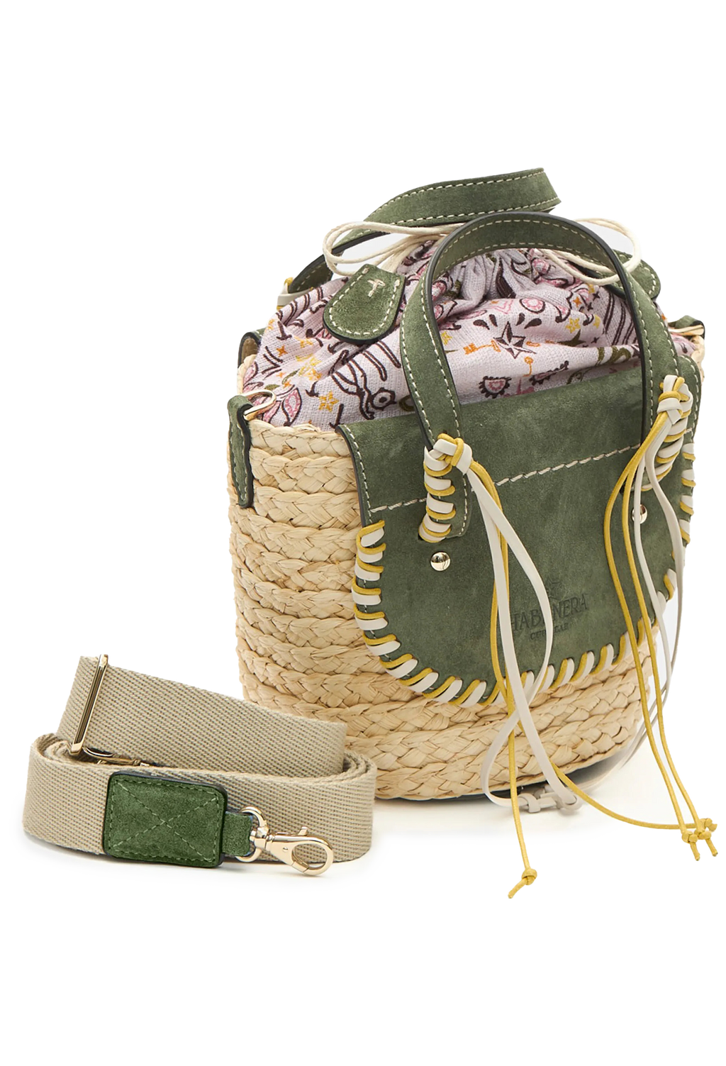 A mini basket bag with green leather flaps, yellow and white cord detailing, and two small leather handles and a crossbody strap. Transparent background.