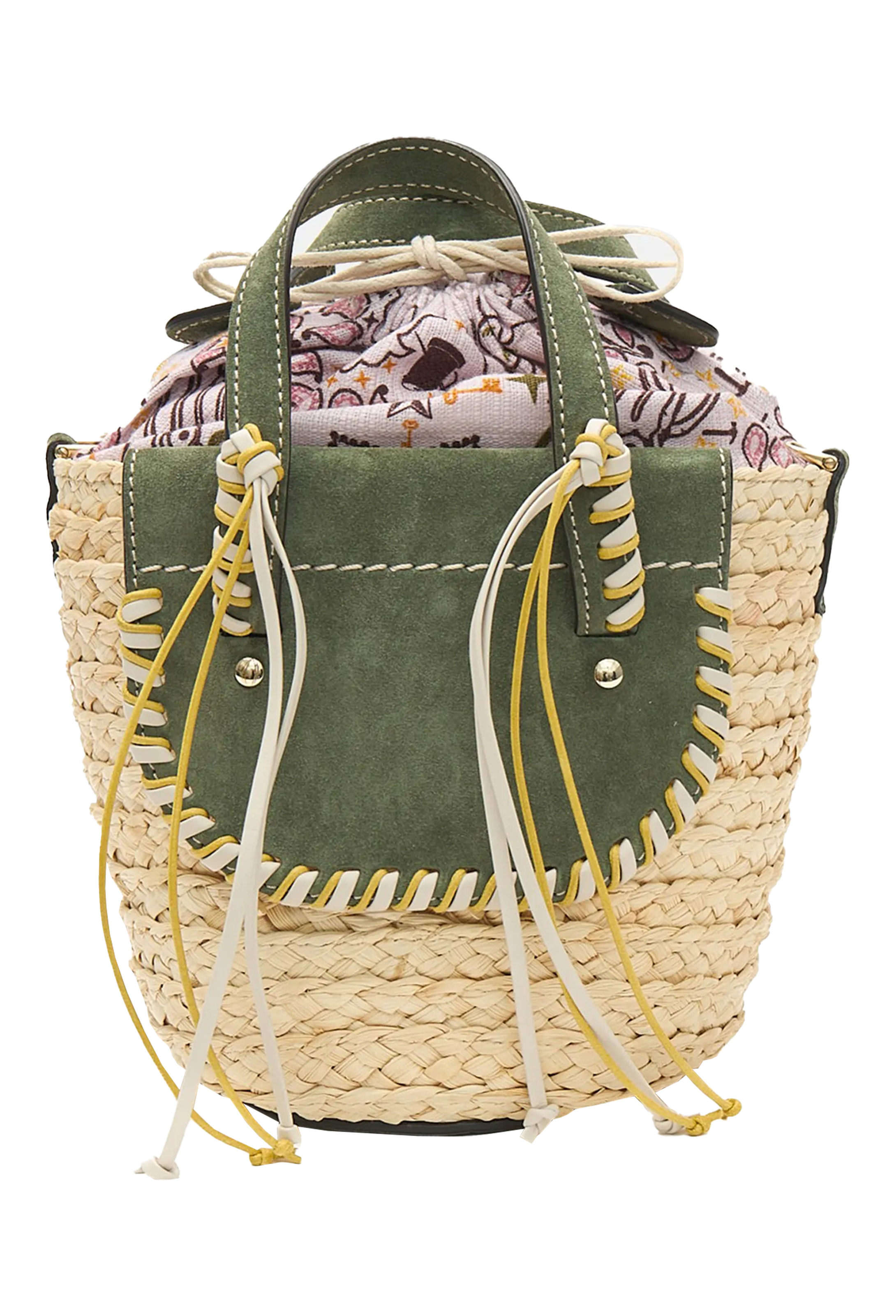 The back of a mini basket bag with green leather flaps, yellow and white cord detailing, and two small leather handles and a crossbody strap. Transparent background.