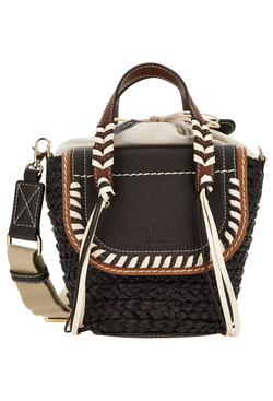 A dark brown mini basket bag with leather flaps, brown and white cord detailing, and two small leather handles and a crossbody strap. Transparent background.