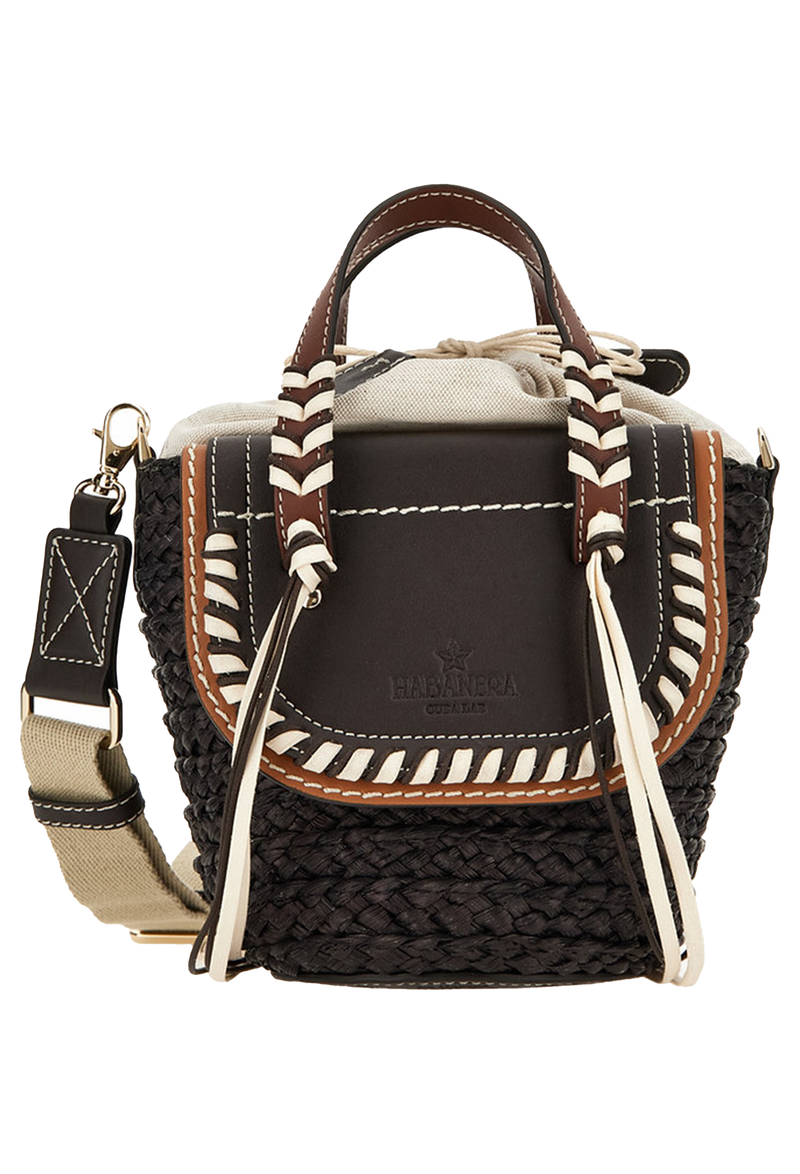 A dark brown mini basket bag with leather flaps, brown and white cord detailing, and two small leather handles and a crossbody strap. Transparent background.