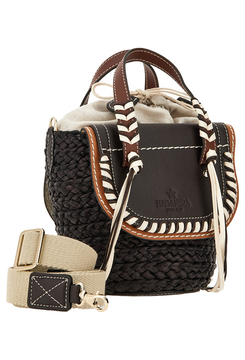A dark brown mini basket bag with leather flaps, brown and white cord detailing, and two small leather handles and a crossbody strap. Transparent background.