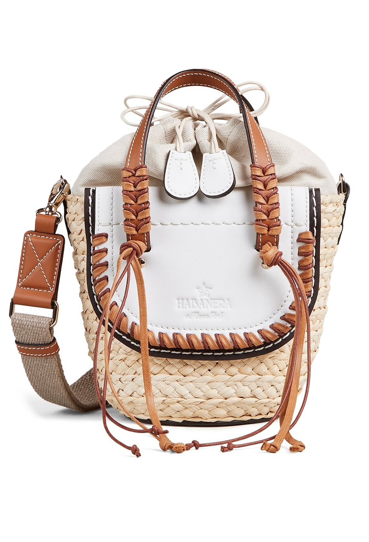 A mini basket bag with white leather flaps, brown cord detailing, and two small leather handles and a crossbody strap. Transparent background.